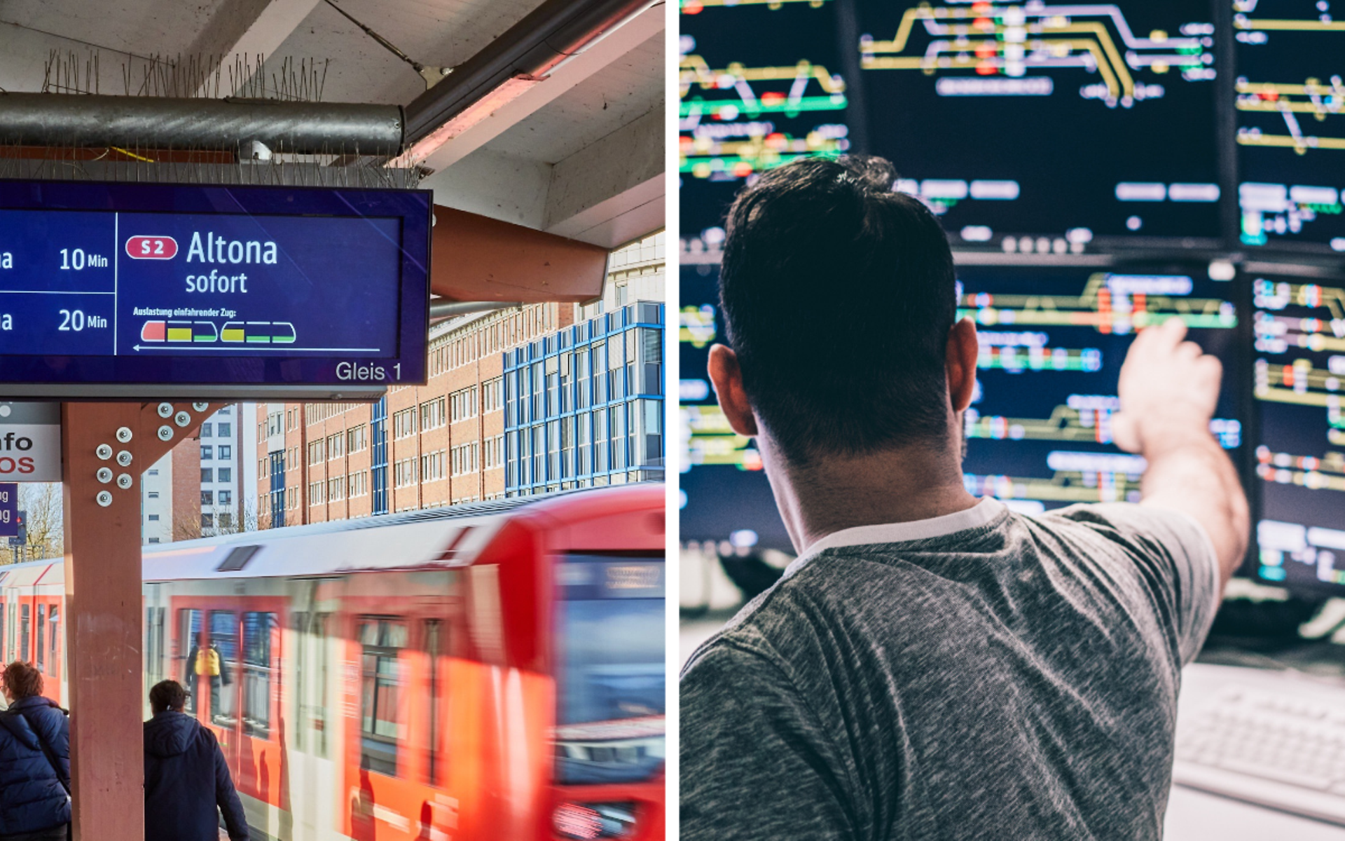 Links: Anzeiger DB Lightgate am Bahnsteig / Rechts: Betriebszentrale