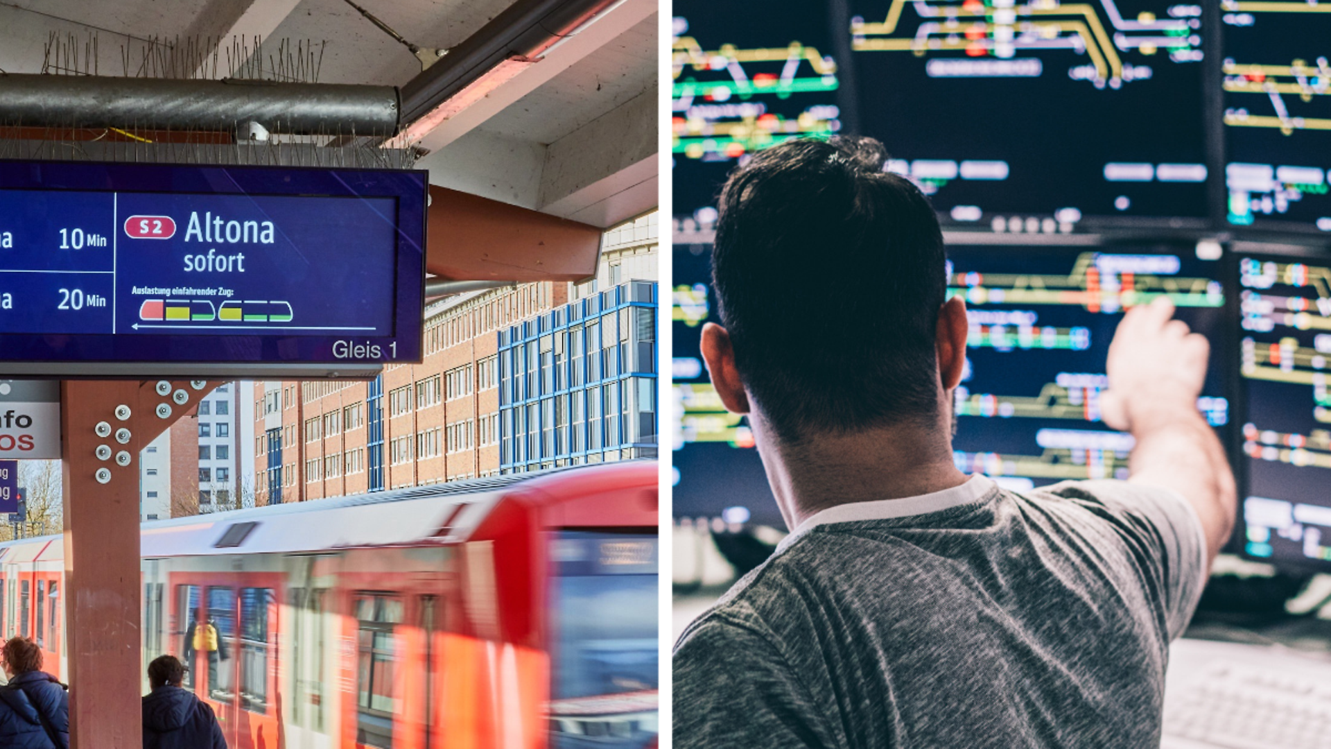 Links: Anzeiger DB Lightgate am Bahnsteig / Rechts: Betriebszentrale